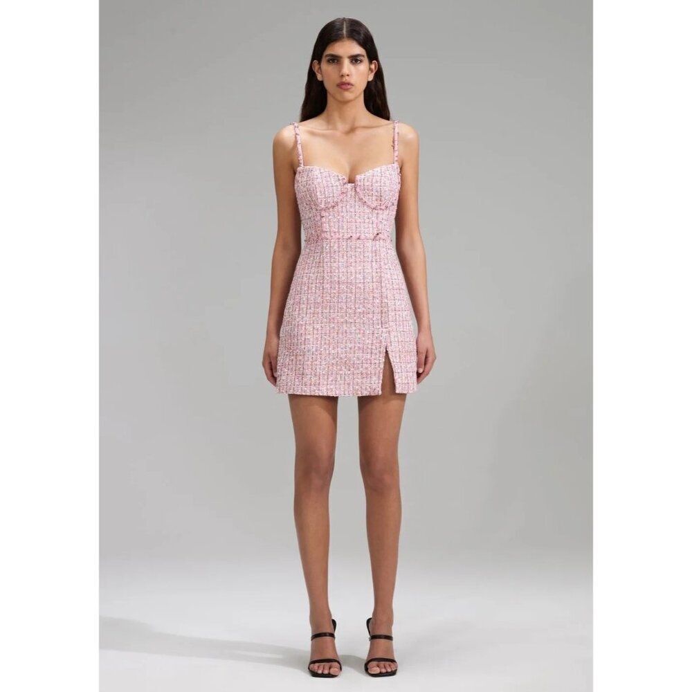 NEW Self- Portrait Pink Boucle Diamante Detail Mini Dress Size 2‎